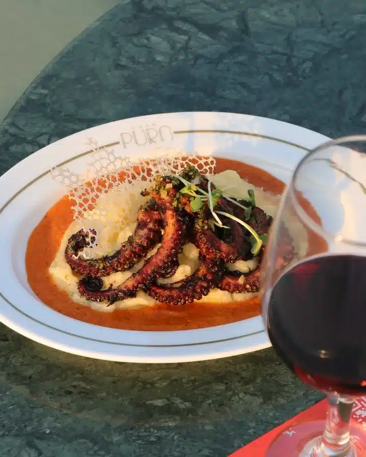 Pulpo al carbón con puré y salsa romesco